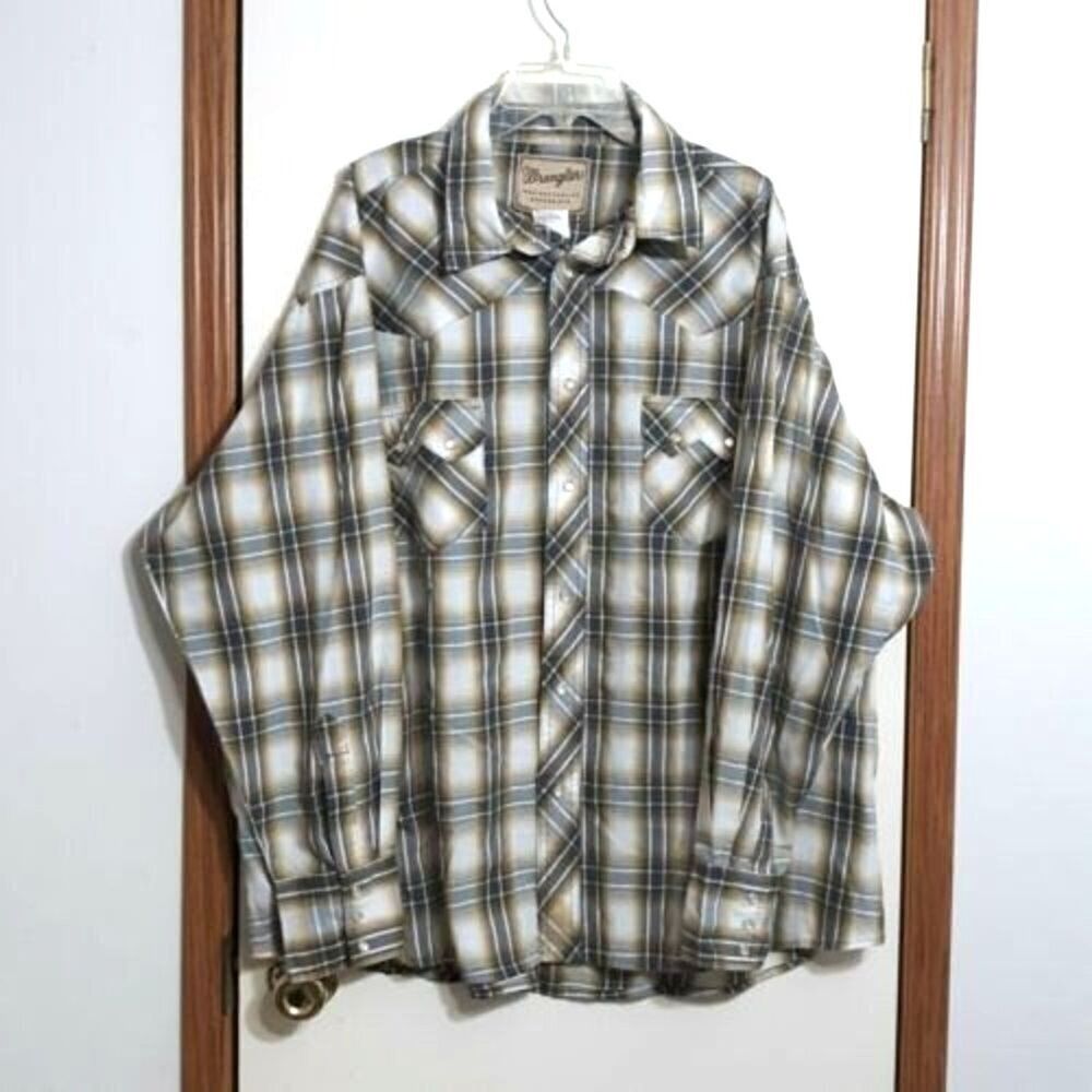 Wrangler Mens Sz 2XL Western Shirt Brown Gray Plaid Pearl Snaps  Long Sleeves